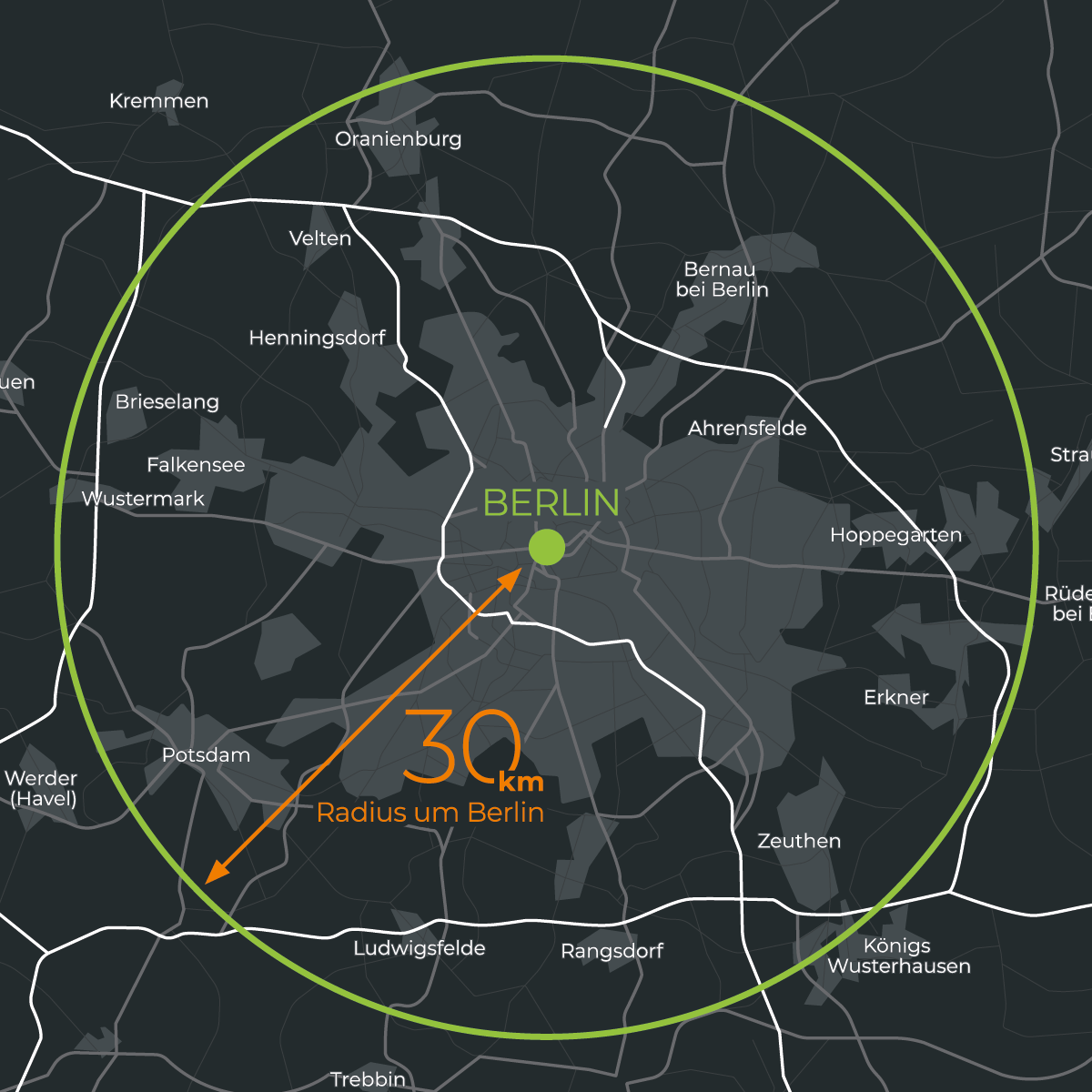 Karte von Berlin und Umland, mit grünem Kreis um den Radius der Reichweite anzuzeigen